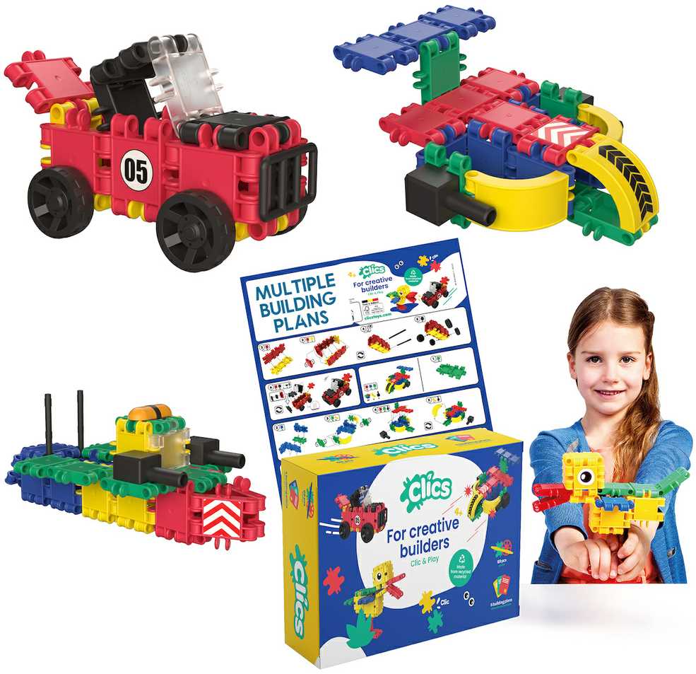 Clics toys KONSTRUKCINIAI KLUOKAI VAIKAMS CLICS RC001 dėžutė 5in1 69 vnt. SPAUSKITE PRADĖTI