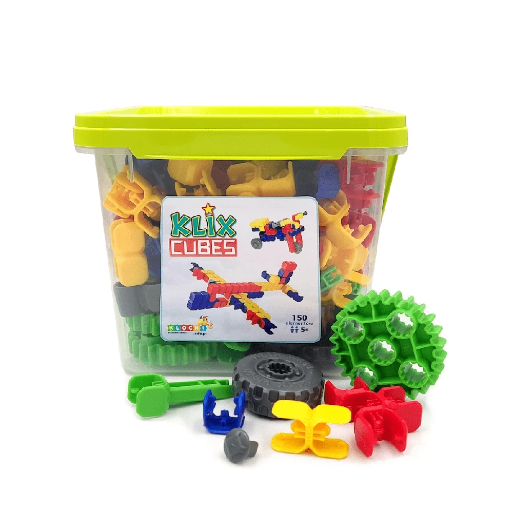 Popular Playthings Konstruktorių rinkinys Klix Cubes su krumpliais, 150 detalių, vaikams nuo 5 metų, kūrybiškumui skatinti, geltona mėlyna raudona