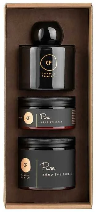 Kūno sviesto, kūno šveitiklio ir namų kvapo rinkinys "ŠVELNIEMS PRISILIETIMAMS", Candle Family, kūno šveitiklis "PURE" 200 ml. (vanilė, gintaras, bergamotė) ir namų kvapas "RAFFINÉ" 120 ml. (ąžuolas, lauko uogos, beržas)