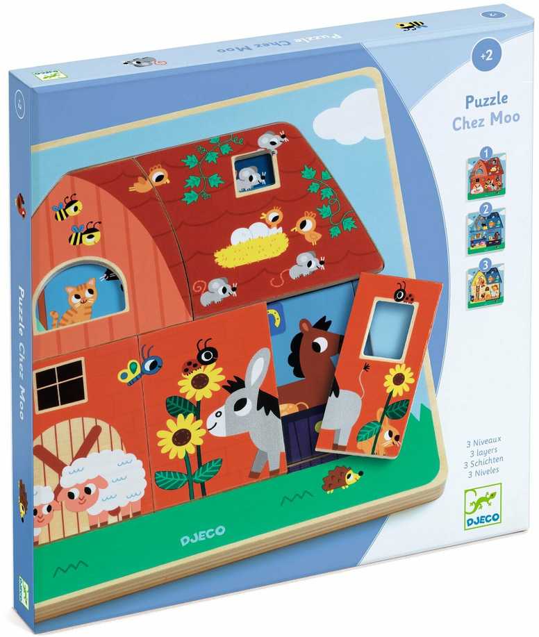 Djeco 3 sluoksnių medinė dėlionė - Pas Moo ( DJ01482 )