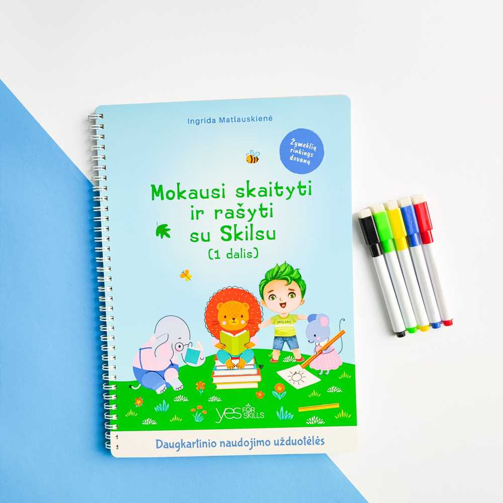 Lietuvos Kurejai Lavinamoji knyga "Mokausi skaityti ir rašyti su Skilsu, 1 dalis" (su daugkartinio naudojimo žymekliais)