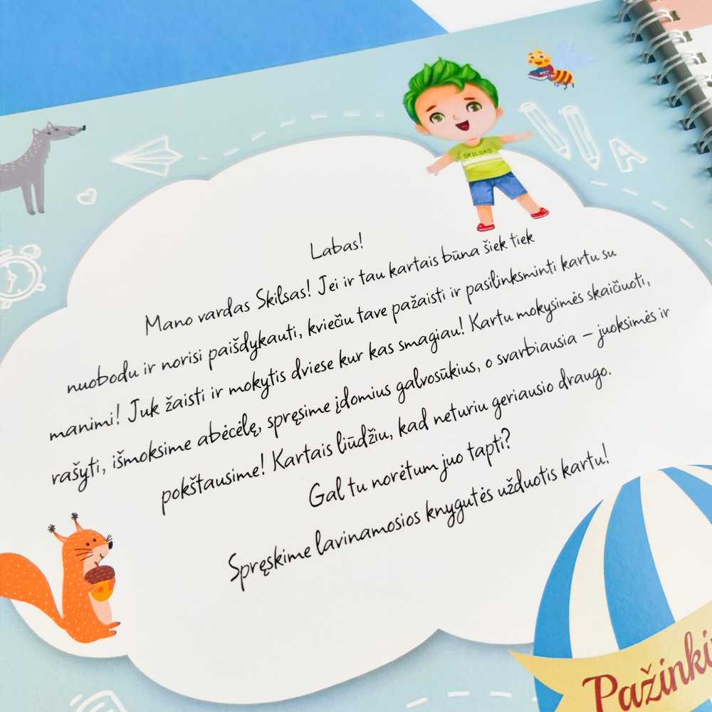 Lietuvos Kurejai Lavinamoji knyga "Mokausi skaityti ir rašyti su Skilsu, 1 dalis" (su daugkartinio naudojimo žymekliais)