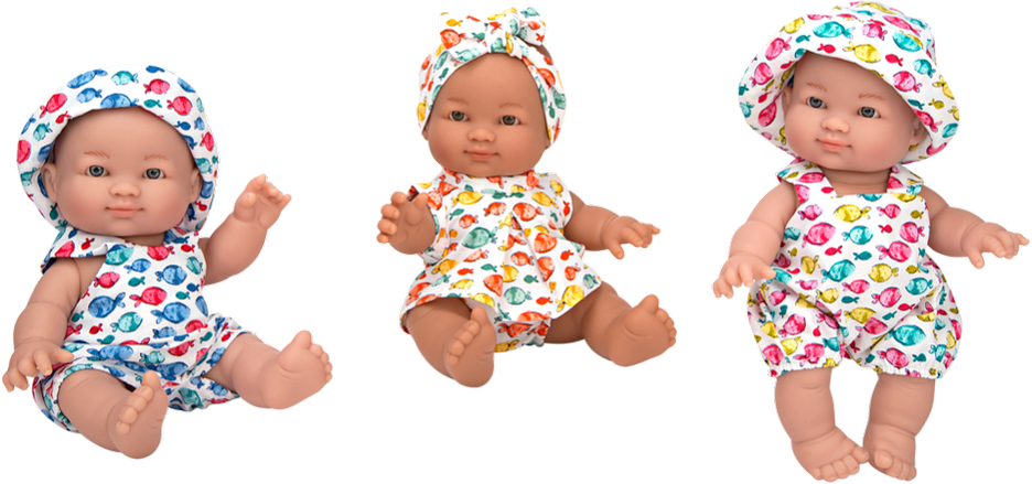 Munecas Arias Lėlytės su rūbeliais žuvyčių raštais, 24 cm