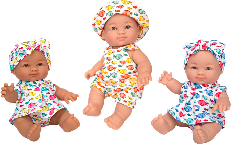 Munecas Arias Lėlytės su rūbeliais žuvyčių raštais, 24 cm