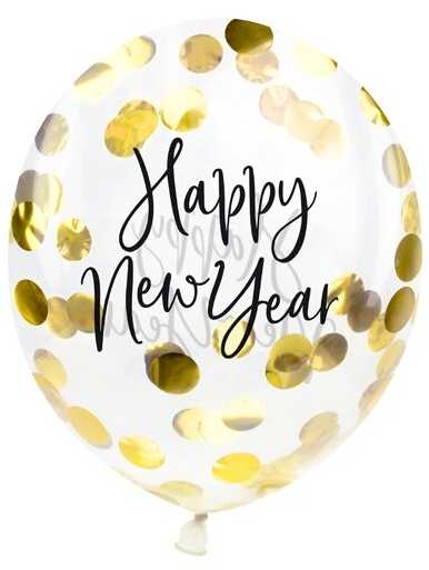 PartyDeco Balionai su konfeti "Happy New Year" 27 cm, 3vnt
