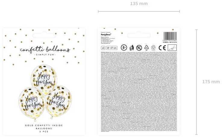 PartyDeco Balionai su konfeti "Happy New Year" 27 cm, 3vnt
