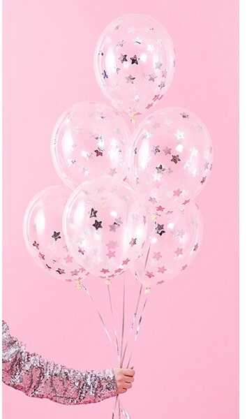 PartyDeco Balionai su konfeti "Sidabrinės žvaigždės" 30 cm