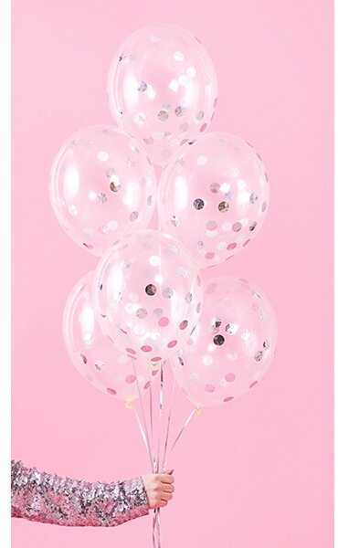 PartyDeco Balionai su konfeti "Sidabriniai rutuliukai" 30 cm, 6vnt