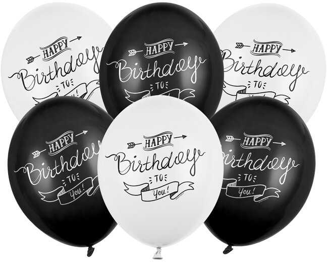PartyDeco Balionų rinkinys "Happy Birthday" juoda/balta