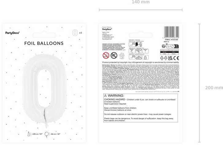 PartyDeco Baltas balionas Skaičius, 86cm, Skaičius: 0