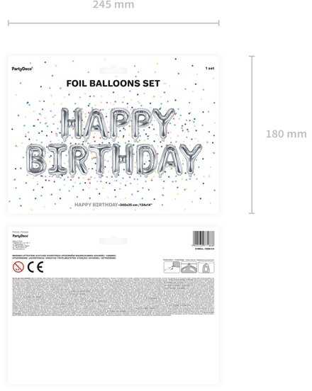 Party Deco PartyDeco Foliniai balionai "HAPPY BIRTHDAY" sidabriniai