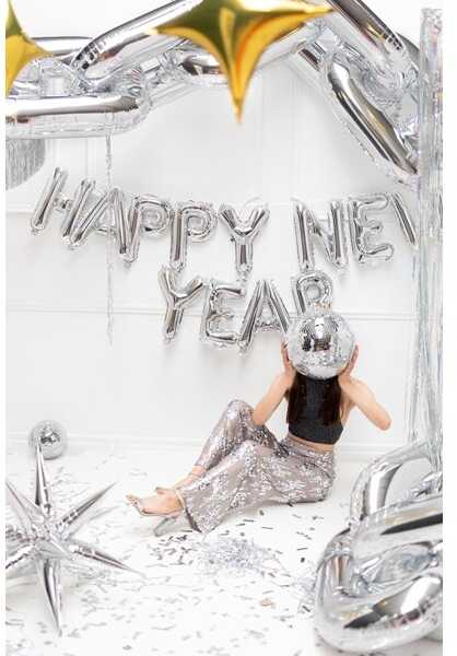 PartyDeco Foliniai balionai "HAPPY NEW YEAR" sidabriniai, 35cm