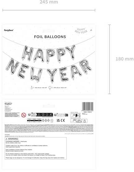 PartyDeco Foliniai balionai "HAPPY NEW YEAR" sidabriniai, 35cm