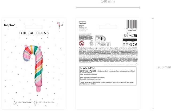 PartyDeco Foliniai balionai Saldainio lazdelės, 18.5x35 cm, 5vnt