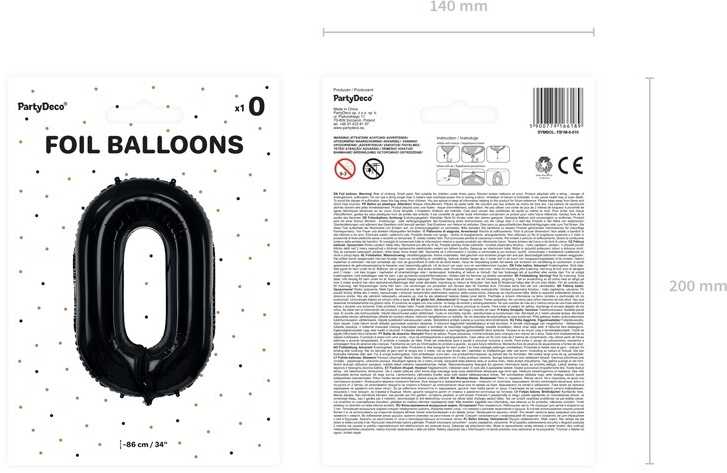 PartyDeco Folinis balionas "0" juodas, 86 cm