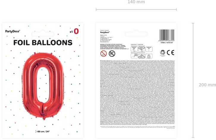 PartyDeco Folinis balionas "0" raudonas, 86 cm