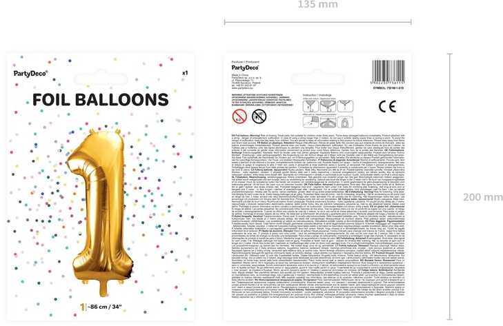 PartyDeco Folinis balionas "1" auksinis, 86 cm