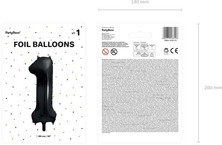 PartyDeco Folinis balionas "1" juodas, 86 cm