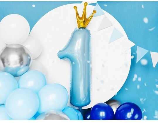 PartyDeco Folinis balionas "1 su karūna" melsvas, 90cm