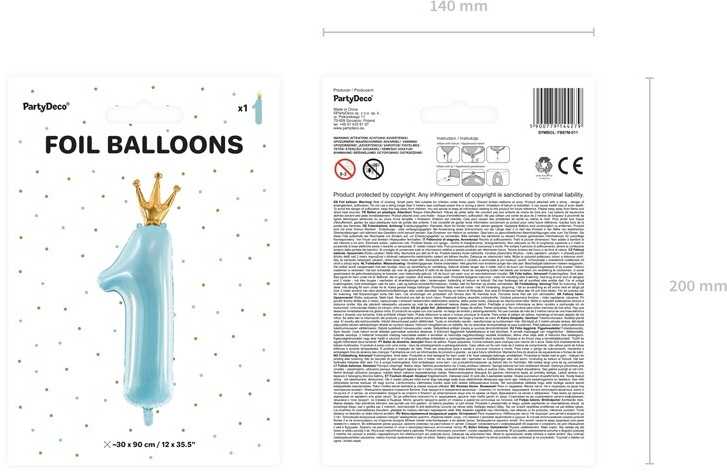 PartyDeco Folinis balionas "1 su karūna" melsvas, 90cm