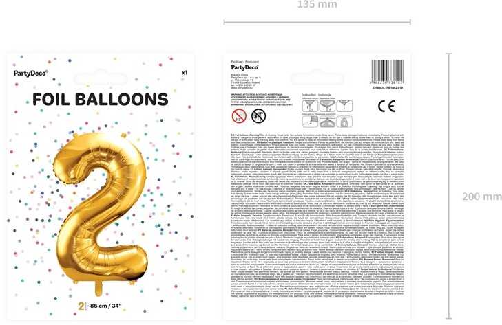 PartyDeco Folinis balionas "2" auksinis, 86 cm