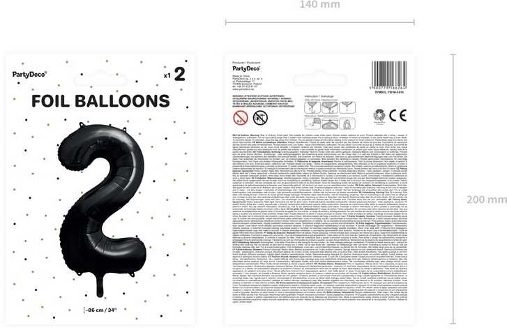 PartyDeco Folinis balionas "2" juodas, 86 cm