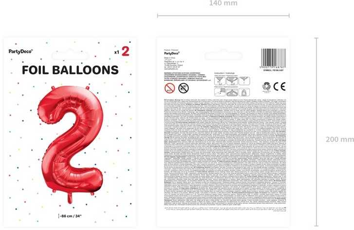 PartyDeco Folinis balionas "2" raudonas, 86 cm