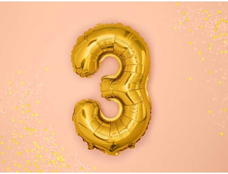 PartyDeco Folinis balionas "3" auksinis, 35 cm