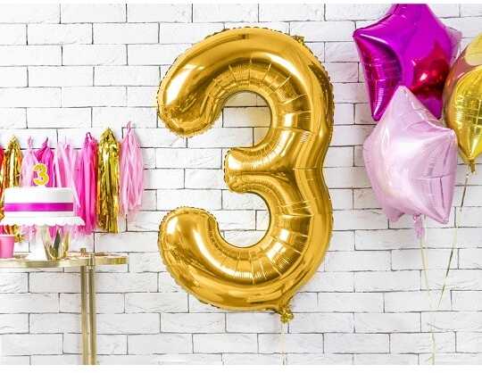 PartyDeco Folinis balionas "3" auksinis, 86 cm