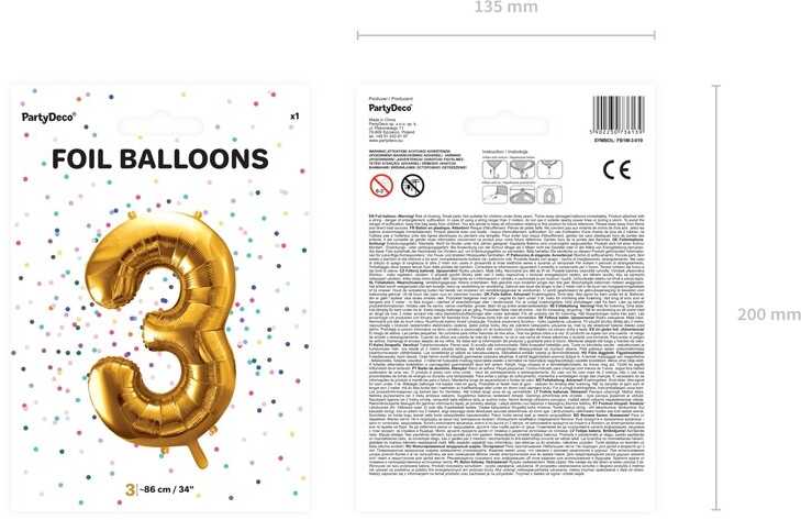 PartyDeco Folinis balionas "3" auksinis, 86 cm