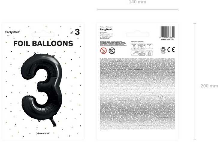 PartyDeco Folinis balionas "3" juodas, 86 cm
