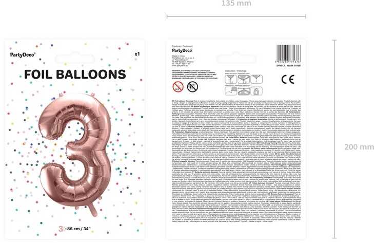Party Deco PartyDeco Folinis balionas "3" rožinio aukso, 86 cm