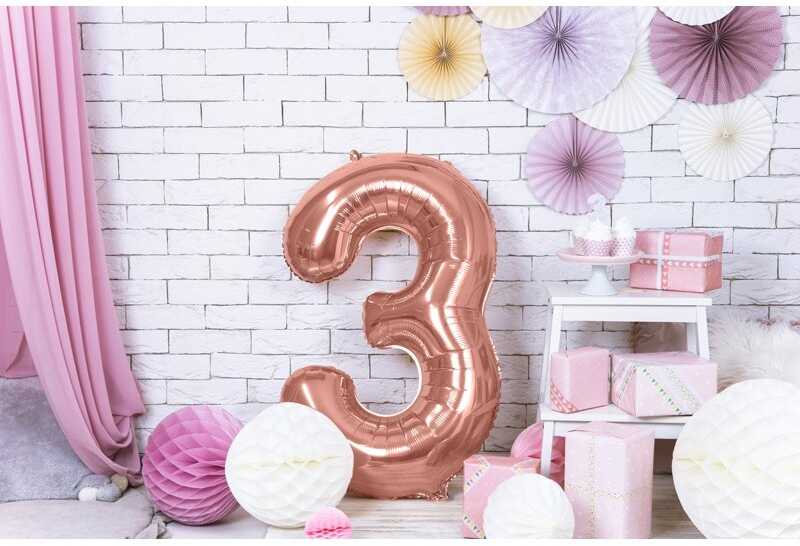 Party Deco PartyDeco Folinis balionas "3" rožinio aukso, 86 cm