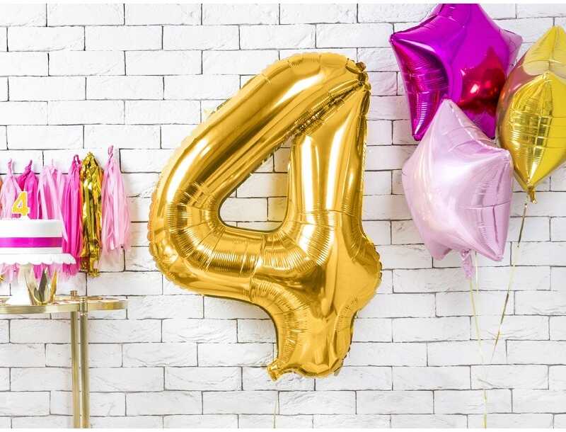 PartyDeco Folinis balionas "4" auksinis, 86 cm