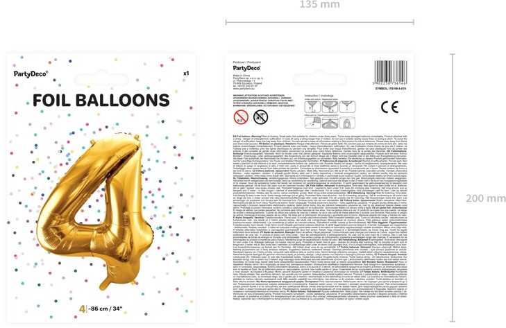 PartyDeco Folinis balionas "4" auksinis, 86 cm
