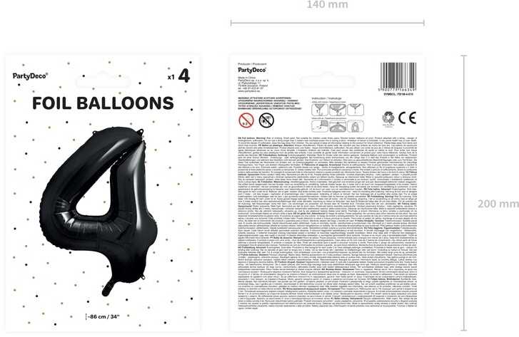 PartyDeco Folinis balionas "4" juodas, 86 cm