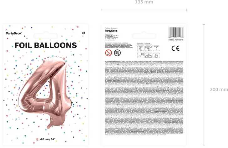 PartyDeco Folinis balionas "4" rožinio aukso, 86 cm