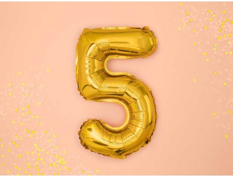 PartyDeco Folinis balionas "5" auksinis, 35 cm