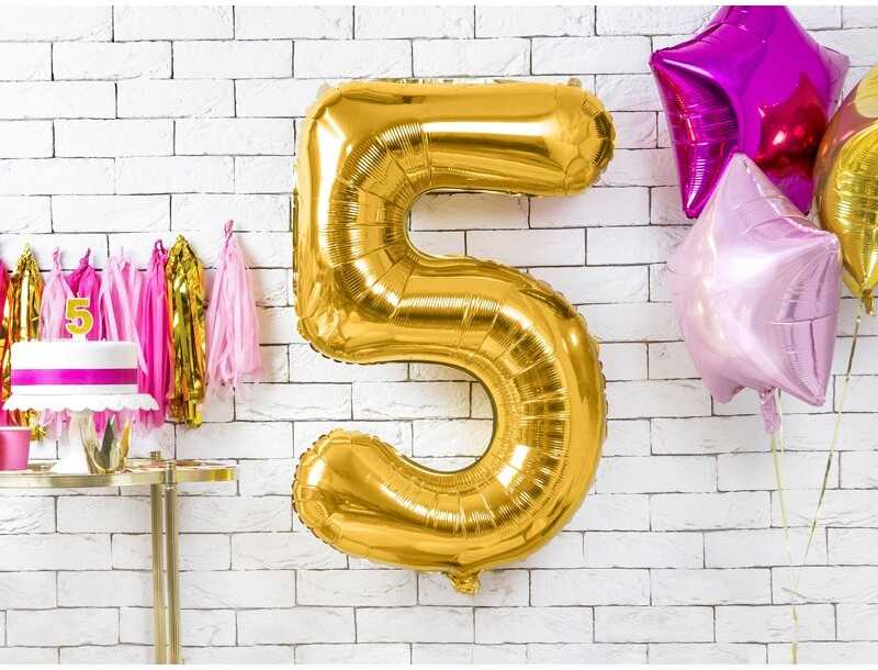 PartyDeco Folinis balionas "5" auksinis, 86 cm