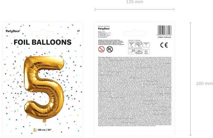 PartyDeco Folinis balionas "5" auksinis, 86 cm