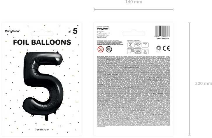 PartyDeco Folinis balionas "5" juodas, 86 cm
