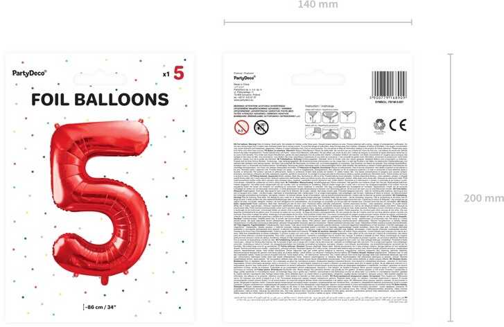 PartyDeco Folinis balionas "5" raudonas, 86 cm