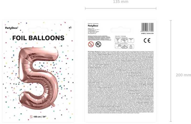 PartyDeco Folinis balionas "5" rožinio aukso, 86 cm