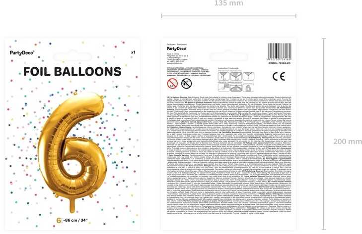 PartyDeco Folinis balionas "6" auksinis, 86 cm
