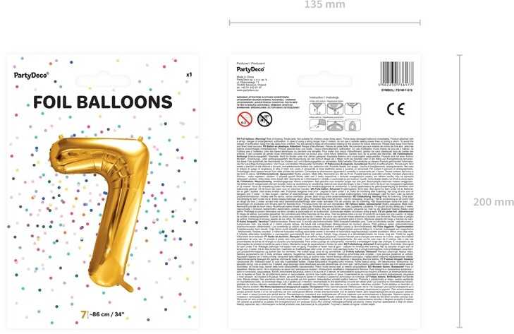 PartyDeco Folinis balionas "7" auksinis, 86 cm