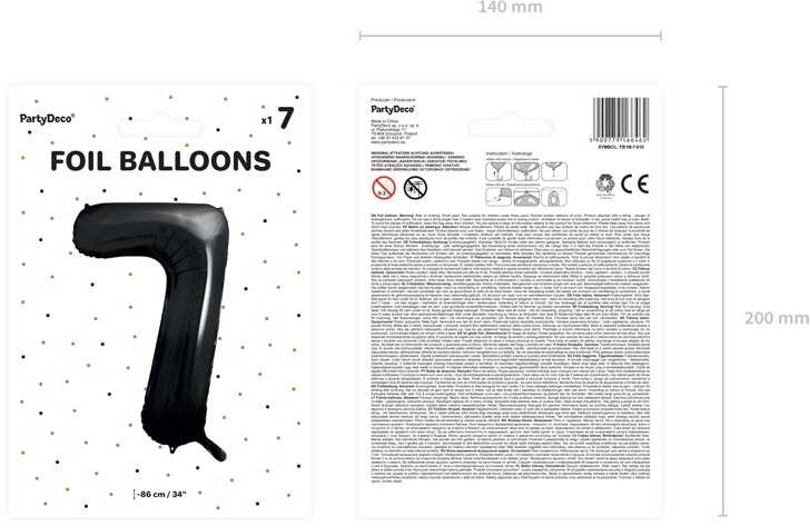 PartyDeco Folinis balionas "7" juodas, 86 cm