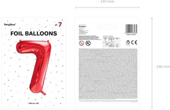 PartyDeco Folinis balionas "7" raudonas, 86 cm