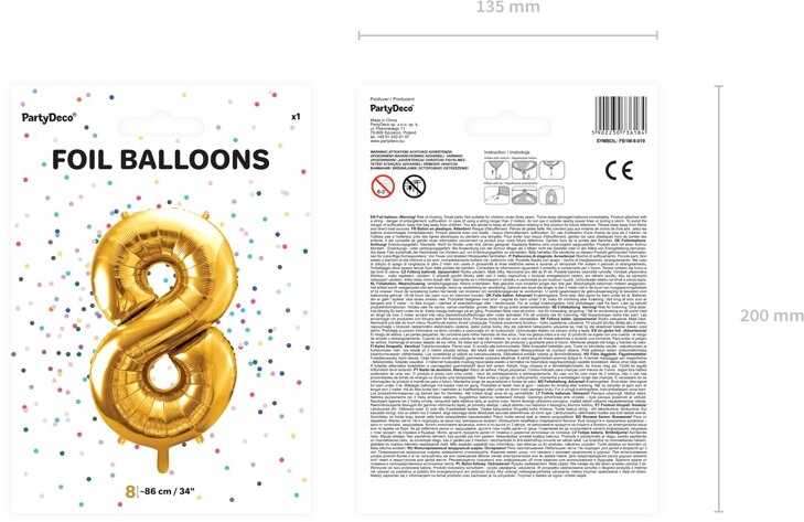 PartyDeco Folinis balionas "8" auksinis, 86 cm