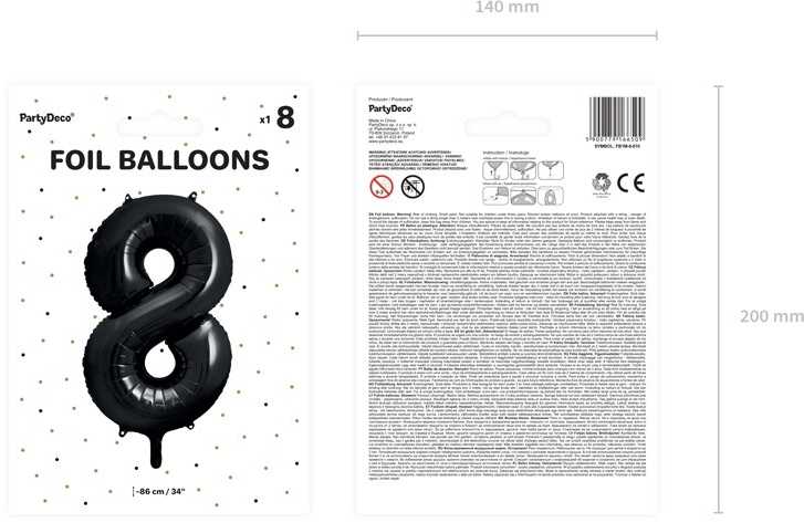 PartyDeco Folinis balionas "8" juodas, 86 cm