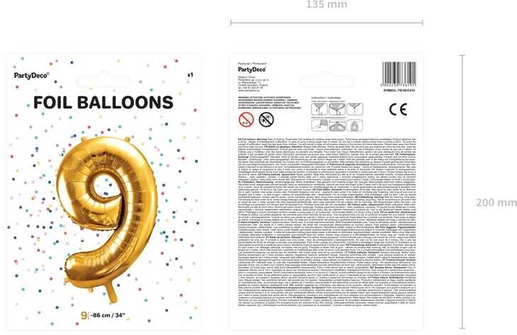 PartyDeco Folinis balionas "9" auksinis, 86 cm